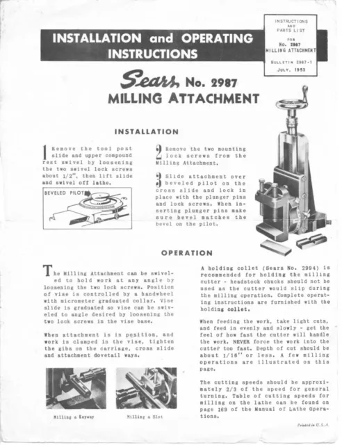 1953 Craftsman 2987 Milling Attachment For Metal Working Lathe Instructions