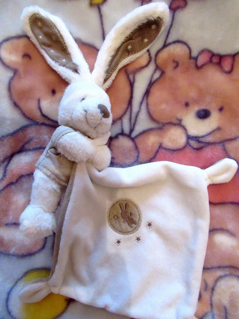 doudou plat pommette lapin beige blanc mouchoir excellent état