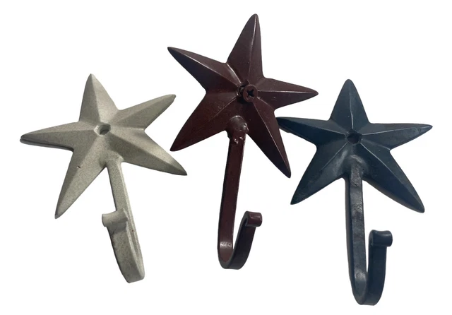 Americana Patriotic Star Coat Hooks Cast Iron Rustic Set Of 3 Red White Blue