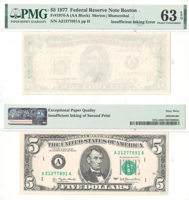 1977 $1 Boston District Insufficient Inking Error PMG Choice Uncirculated-63 EPQ