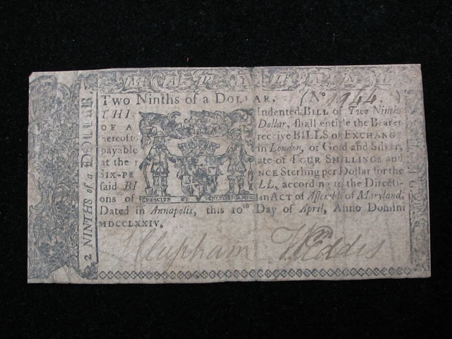 Maryland * 04-10-1774 * Two Ninths Dollars ~ Colonial Note * Tape