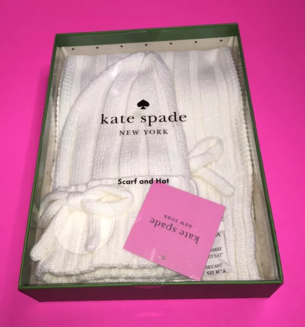 KATE SPADE IVORY SHIMMER KNIT SCARF AND BEANIE HAT SET W/H Bow NWT