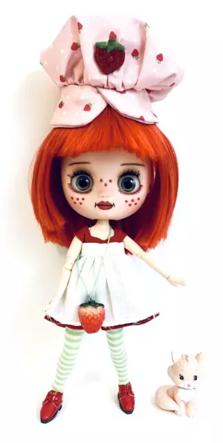 Middie Blythe Custom OOAK Strawberry Shortcake 8" BJD Doll In Classic Outfit