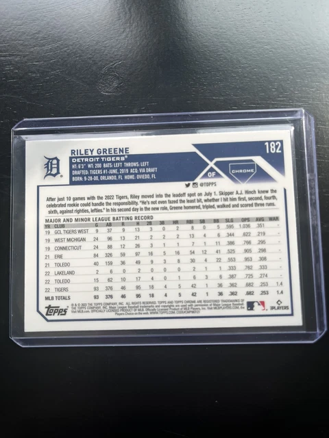 CARTE RECRUE BASEBALL Riley Greene 2023 Topps chrome RC #182 Detroit