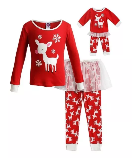 Dollie & Me Girls Size 4 Long Sleeve Christmas Reindeer Tutu Pajamas Doll Outfit