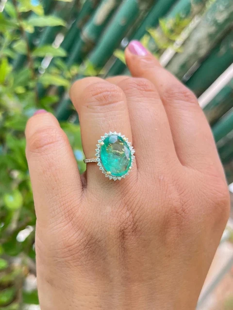 Bague Cocktail Ancienne émeraude Et Diamants - Or Blanc 14K, Vintage Style Jackie Kennedy, Taille 7.5