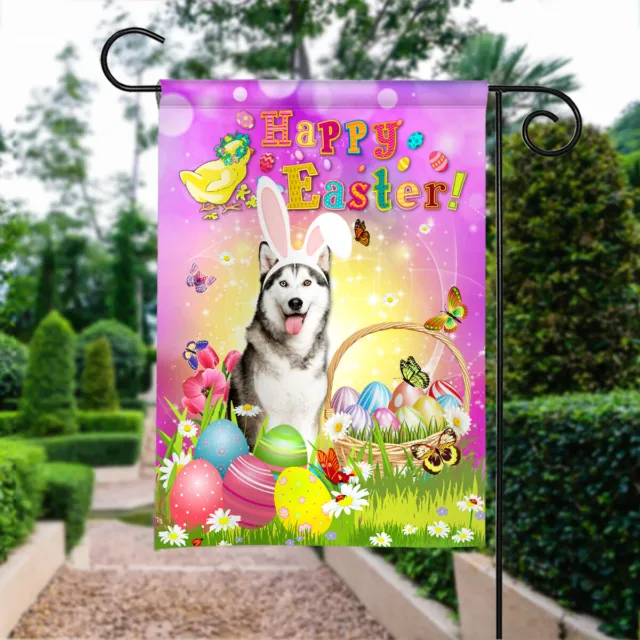 Husky Dog Happy Easter Double-sided Flag, Cute Dog Bunny Easter Garden Flag