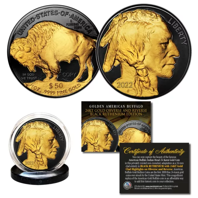 2022 BLACK RUTHENIUM $50 AMERICAN GOLD BUFFALO Indian Tribute Coin w/ 24KT Gold