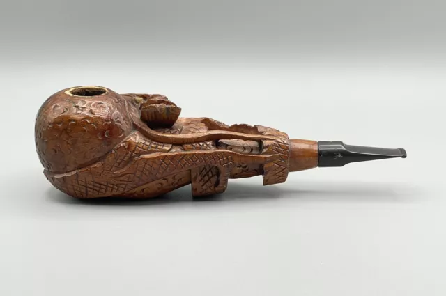 Antique Chinese Smoking Pipe Hand Carved Wood Oriental Dragon Head Tobacco