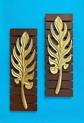Wood Brass Wall Art Leaf Decor Home Living Bedroom 6 x 18 inches Set of 2