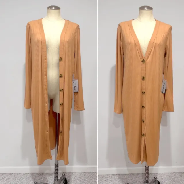J For Justify Women's Camel Ribbed Long Sleeve Button Up Maxi Cardigan Size XL