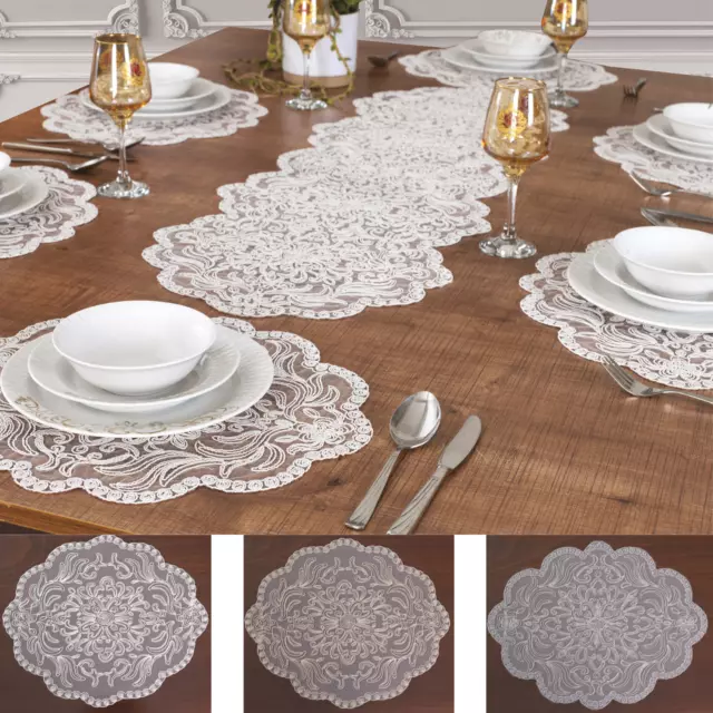 Napperons en dentelle avec chemin de table assorti - Lot set table de 7 pièces