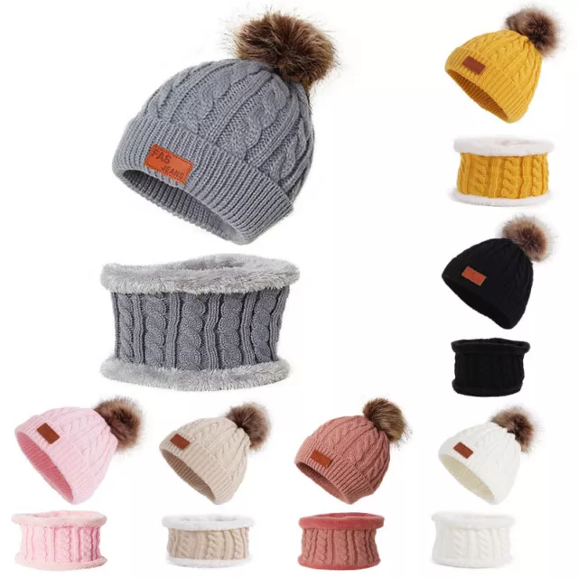 Kids Baby Boys Girls Hat Scarf Set Winter Warm Ball Beanie Cap Knitted