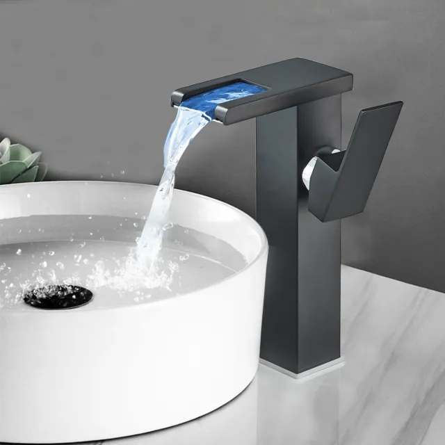 Black LED Bathroom Sink Faucet Waterfall Tall Vessel Mixer Taps Single Handle