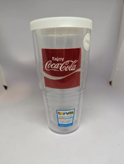 Coca-Cola Embroidered Red Patch 24oz "Enjoy" Tervis Tumbler Cup White Lid Clear