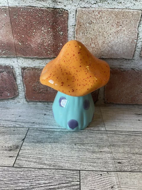 Whimsical Mushroom Orange And Teal Mottled Glaze Top Ceramic Pottery Mushroom