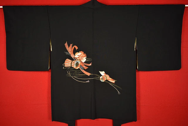 Vintage Japanese Kimono Silk Antique BORO Black HAORI Kusakizome Dyde/A434/590