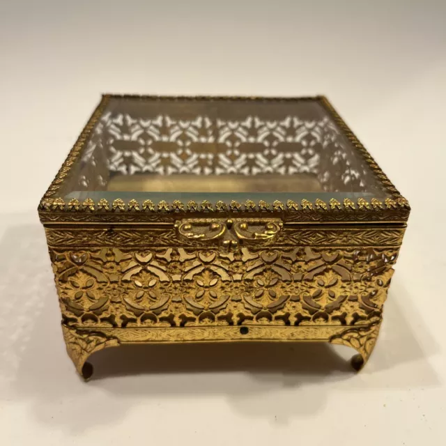 Vintage Brass And Glass Hinged Lid Jewelry Trinket Box Estate Find As-Is