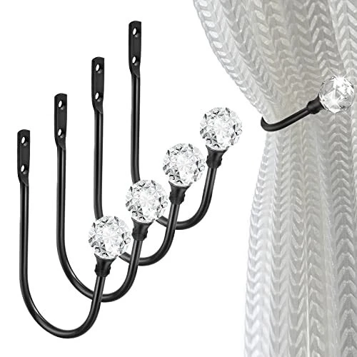 Crystal Curtain Holdbacks, Black Curtain Tieback Hooks Metal Decorative Curta...