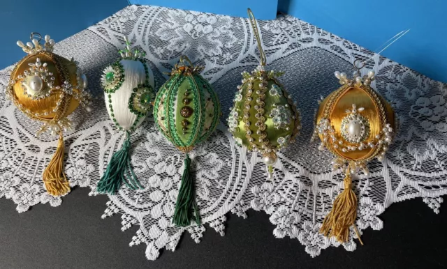 Vintage 50s 60s Satin Beaded Push Pin Handmade Christmas Ornaments Lot of 5