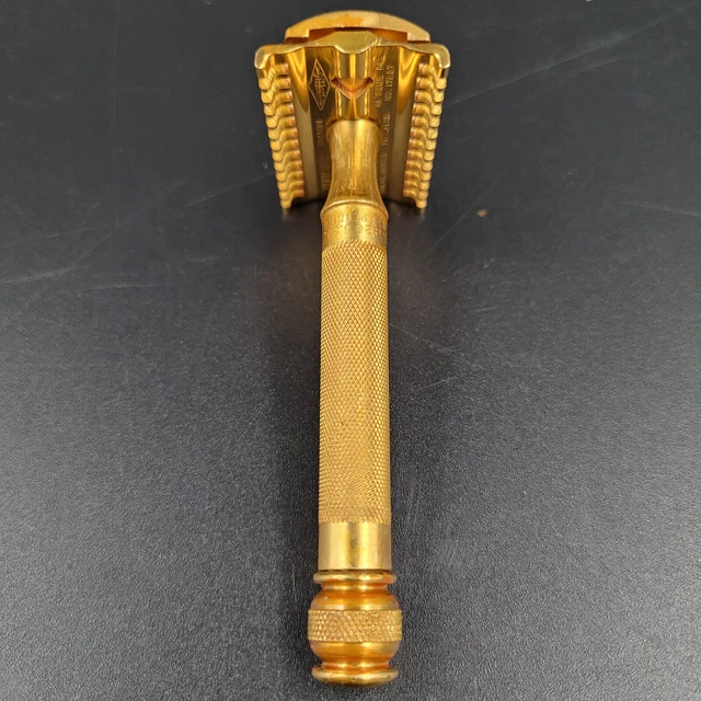 Vintage 1930's Gillette Goodwill Gold Tone DE Ball End Open Comb Razor 5