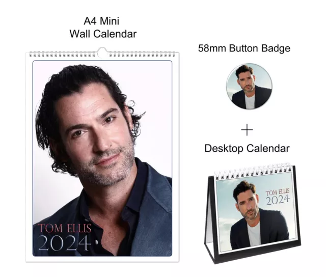 TOM ELLIS 2024 A4 Wall + Desktop Calendar + Pin Button Badge $19.99 ...