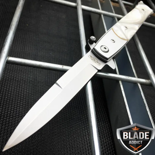 9" Italian  Milano Stiletto Tactical Spring Assisted Open Pocket Knife Pearl edc