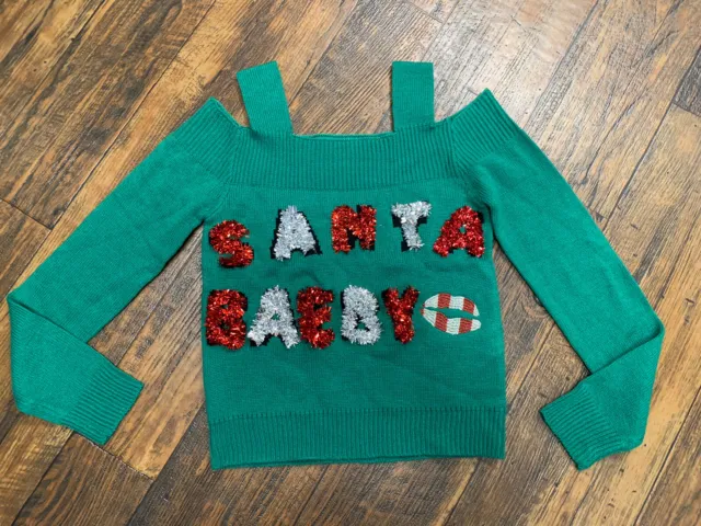 Juniors Cold Shoulder Holiday Sweater Small "Santa Baby" Tinsel Ugly Christmas