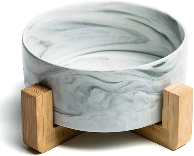 Akita Ceramic Marble Dog & Cat Raised Bowl with Wood Stand, Non-Slip, Elevate...