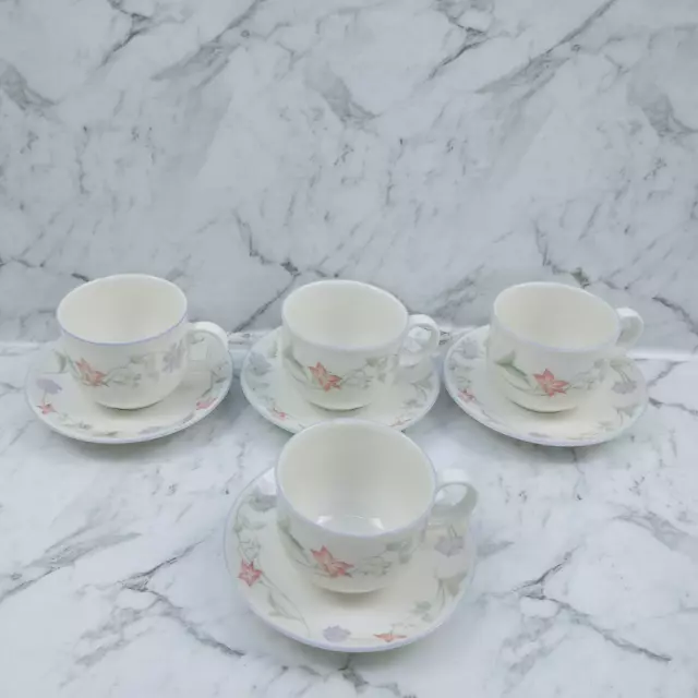 4 x Royal Doulton Expressions Summer Carnival White Floral Cups & Saucers Set