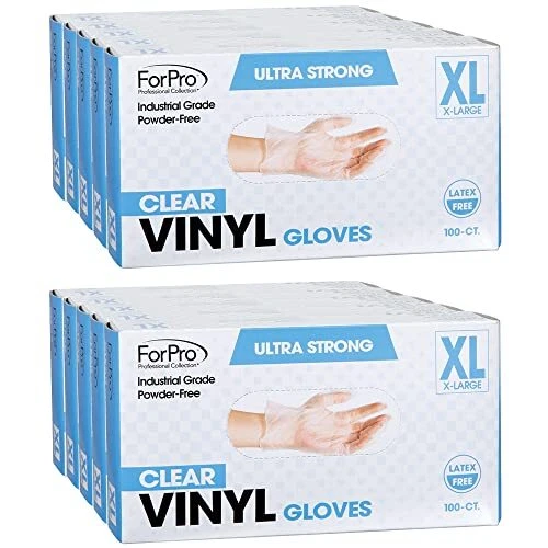 ForPro Disposable Vinyl Gloves, Clear, Industrial Grade, Powder-Free, Latex