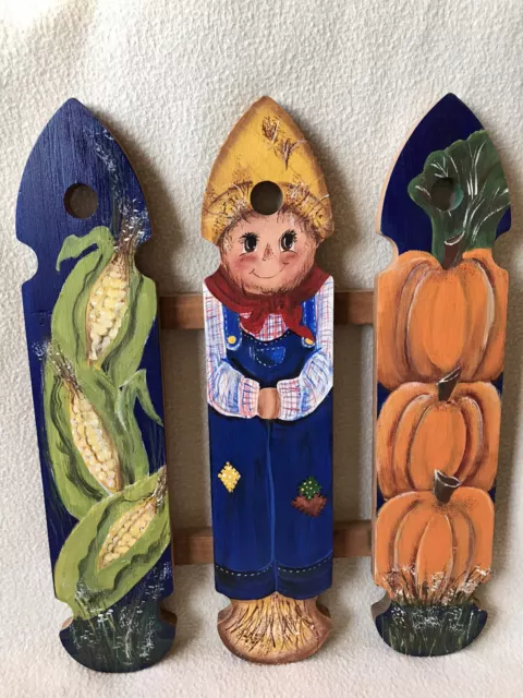 Wooden Hand-Painted Scarecrow Pumpkin Corn Wall Hanging Tole Art Fall Autumn