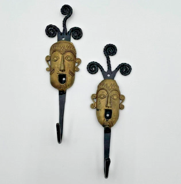 2 Vintage Brass & Iron Hand Forged Tiki God Face Bar Towel Wall Hanger Hooks