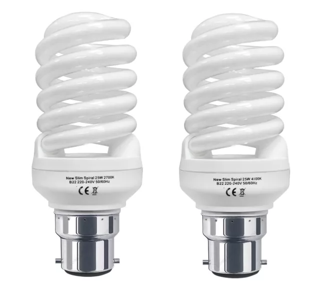 2 x Energy Saving 25W Spiral Light Bulb CFL B22 Bayonet 25W = 125W Warm or Cool