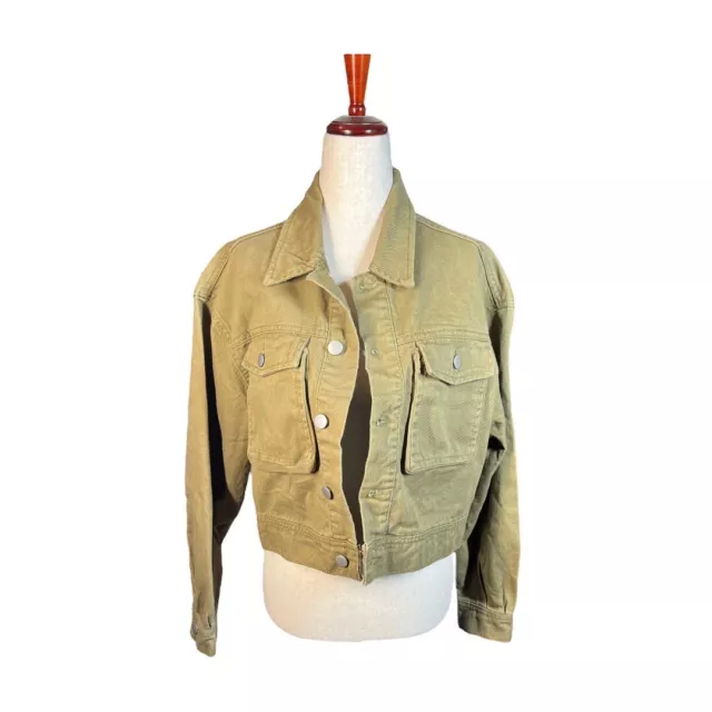 Avec Les Filles Green Cropped Denim Jacket Women's sz M Anthropologie Utility