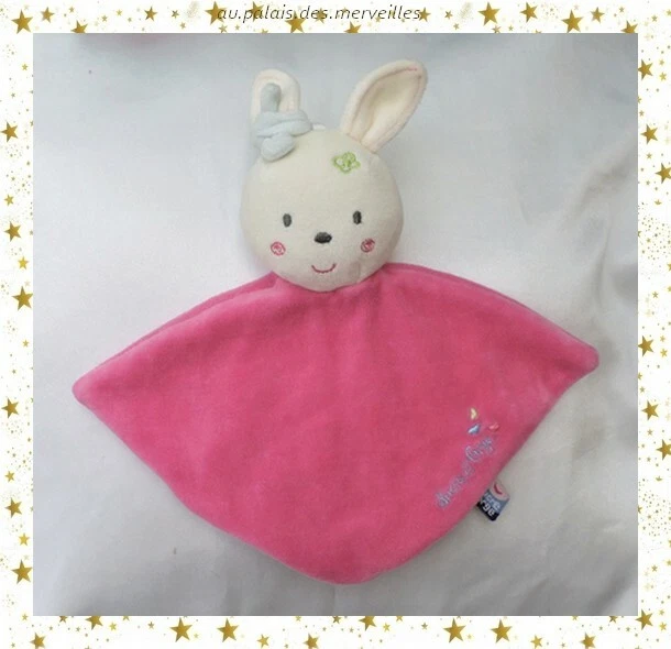 Doudou Peluche Lapin Blanc Plat Triangle Rose Noeud Bleu Sucre D'Orge