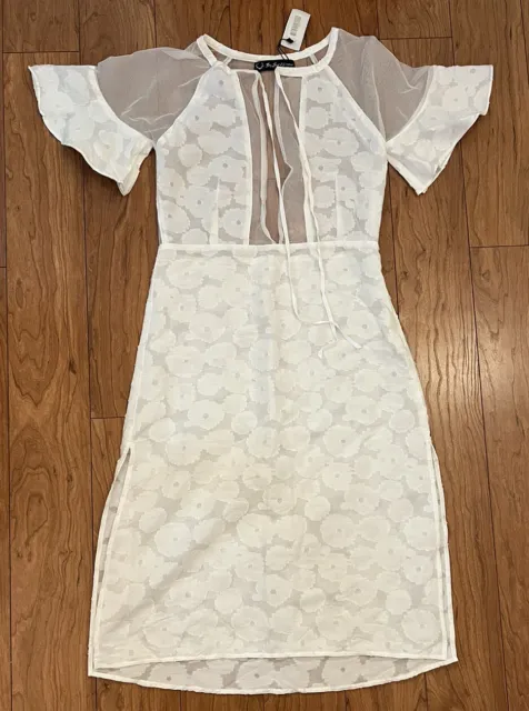 NWOT For love & Lemons S/M  Sheer Mesh Floral White Dress Cover Up Knee Midi