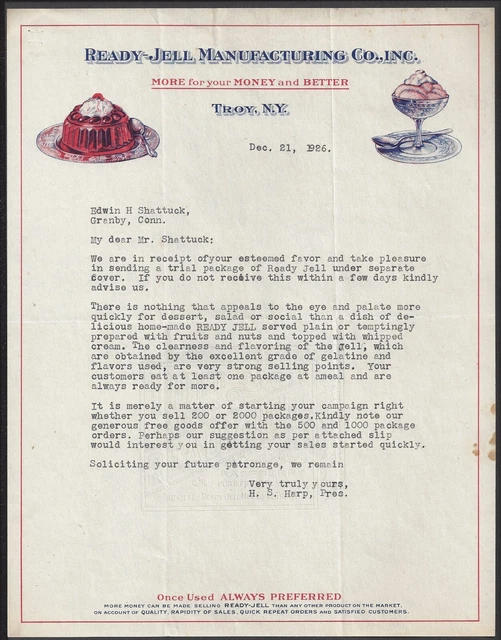 TROY, NY ~ READY-JELL MFG. Co., JELLO TYPE DESERTS ~ COLOR ILLUS LETTERHEAD 1926
