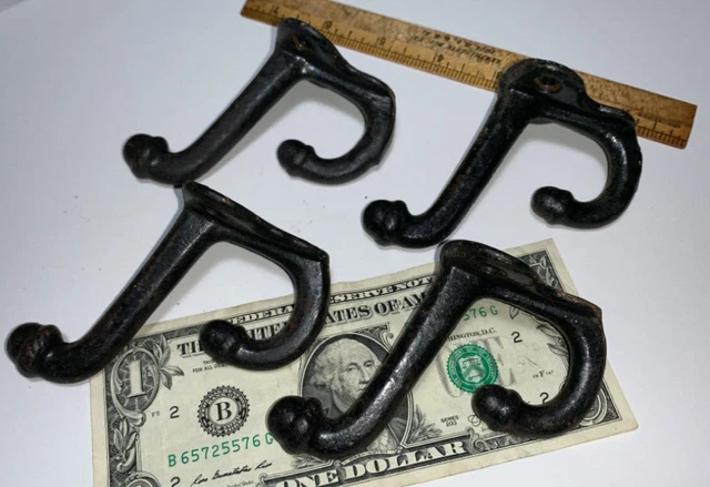 Lot Of 4 Vintage Cast  Iron  Acorn Hat & Coat Hooks Heavy Duty Old Salvage