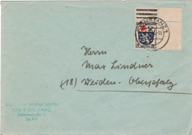 AllBes/Franz. Zone allg. Brief KONSTANZ - WEIDEN  m. Wap. 9 ER; 4 - 7 - 46