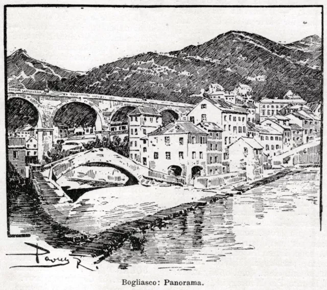 Bogliasco: panorama. Stampa antica di 120 anni + passepartout. 1901