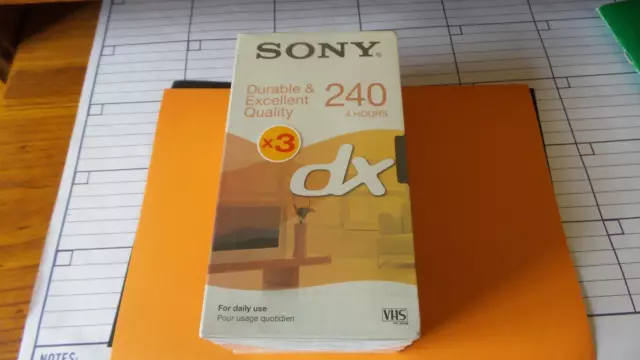 Sony DX240 VHS Cassette Tapes - Unopened pack of 3 x 4 hour tapes