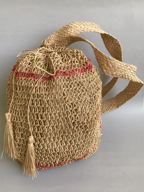 New HANDMADE Knitted Straw Handbag Beach Backpack BOHO CHIC Knit Bag Beige Red 3