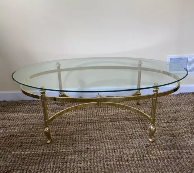 Ethan Allen Glass & Brass Coffee Cocktail Table Hollywood Regency