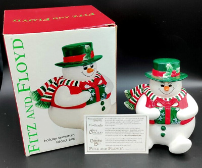 2003 FITZ AND FLOYD Christmas Snowman Lidded Box Covered Jar 6” CANDY-DISH