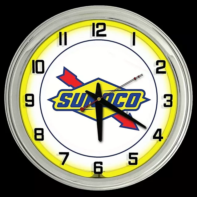 16" Sunoco Sign Yellow Neon Clock Gasoline Motor Oil Gas Man Cave Garage