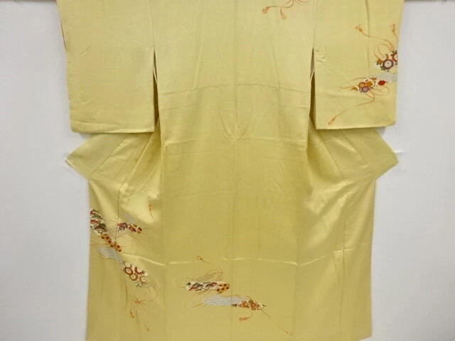42511# Japanese Kimono / Antique Kimono / Embroidery / Kumihimo Cord & Flowe