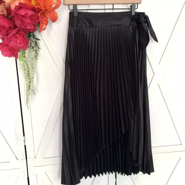 White House Black Market Metallic Black Pleated Wrap MIDI Skirt size 4