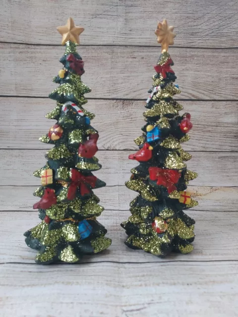 VTG New England Fully Decorated Christmas Village Town Trees - Set Of Two