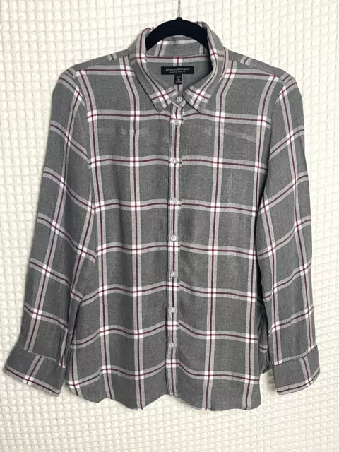 Banana Republic Dillon Classic Fit Flannel Shirt Womens PM Gray Plaid Button Up